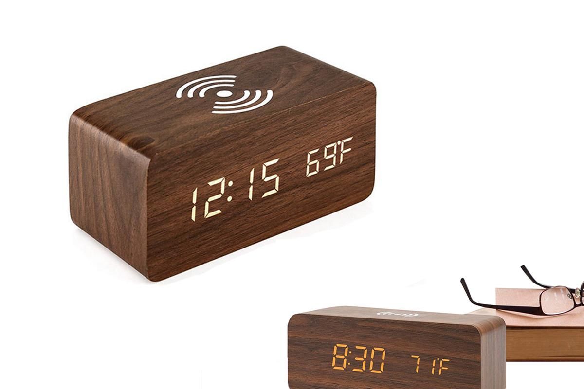 Digital Alarm Clock Wooden Table Desk Bedside LED Clock with Wireless Charger -Black