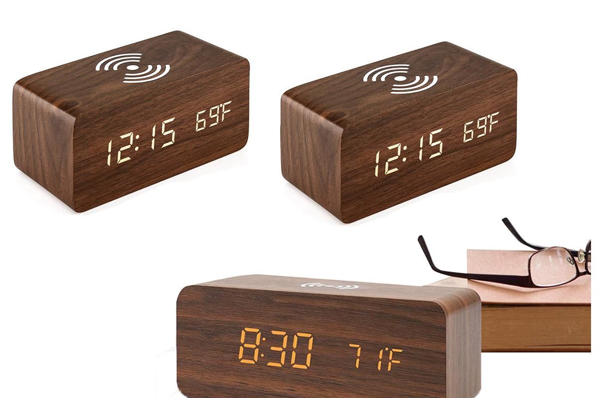Digital Alarm Clock Wooden Table Desk Bedside LED Clock with Wireless Charger -Black