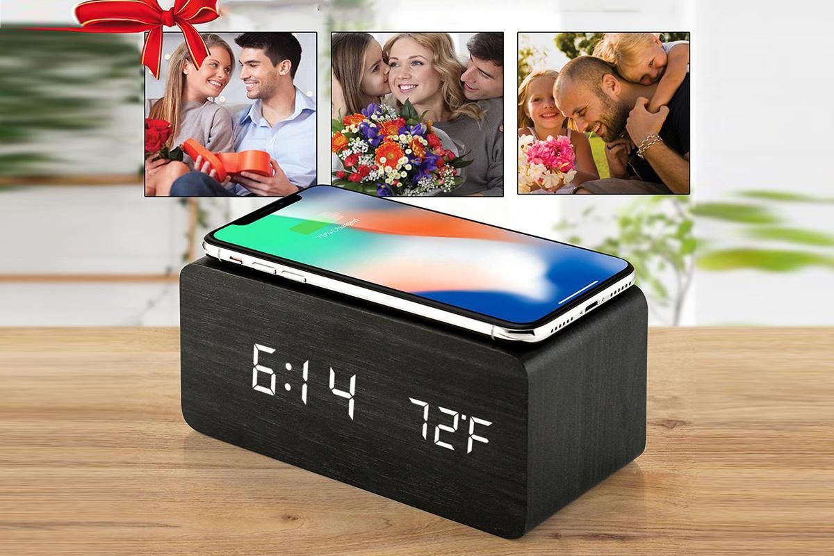 Digital Alarm Clock Wooden Table Desk Bedside LED Clock with Wireless Charger -Black
