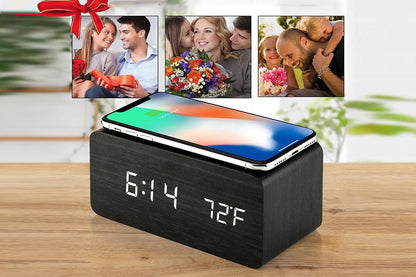 Digital Alarm Clock Wooden Table Desk Bedside LED Clock with Wireless Charger -Black