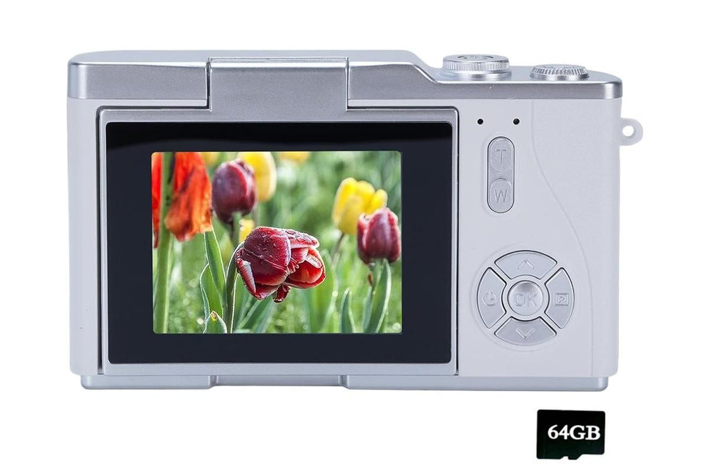 HD 1080P Flip Screen Retro Digital Camera 2.4-inch Display with 64GB TF Card - White