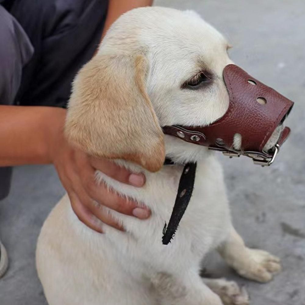 Adjustable PU Leather Dog Muzzle Pet Breathable Anti Bite Bark Chew Muzzles Brown - L