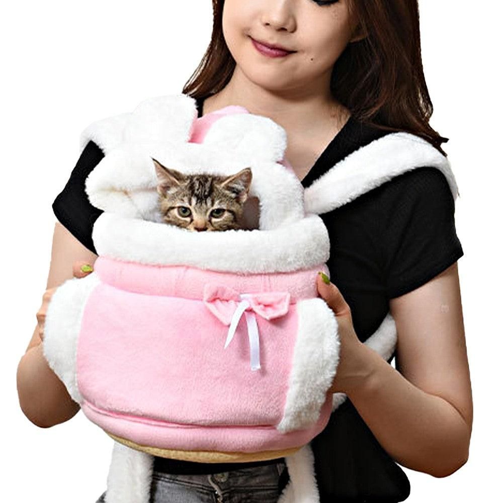 Plush Pet Carrier Backpack Pet Warm Bag with Hand Warmer Pocket Pink - S