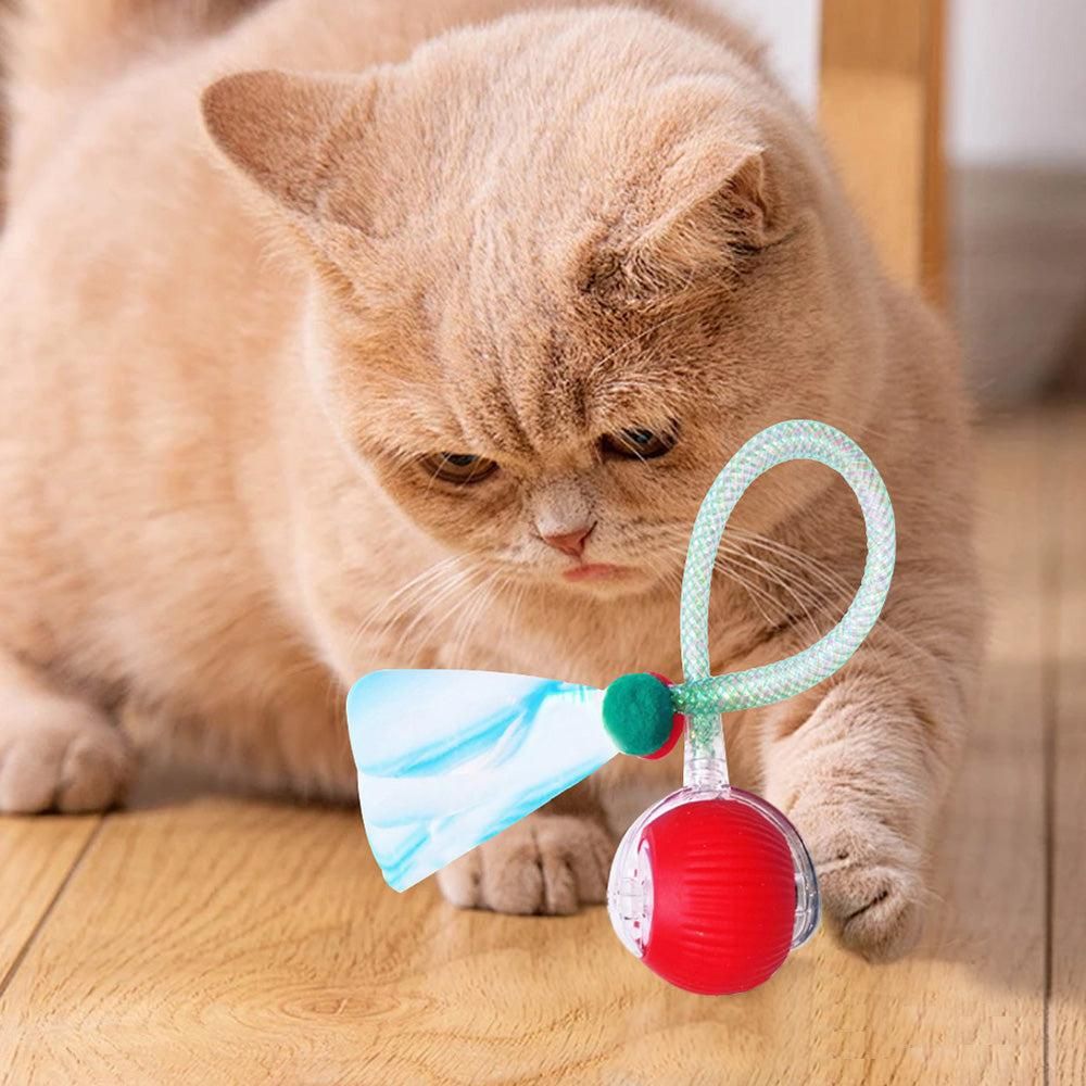 Interactive Cat Toy Moving Cat Ball with Dragonfly Tail Indoor Auto-Turn Cat Toy Red