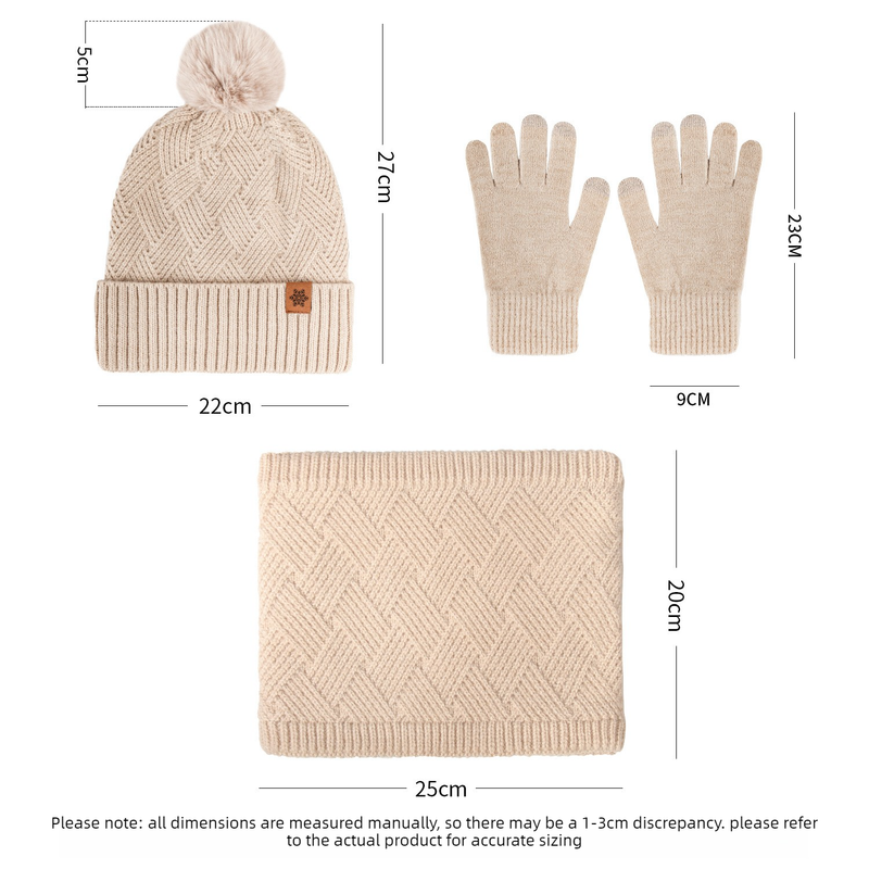 Women's Fashionable Winter 3-Piece Set: Knit Hat, Scarf, and Gloves.  A must-have for outdoor skiing and cycling—Beige