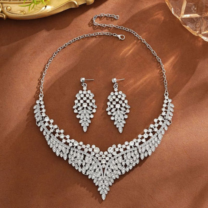 Affordable Luxury, Statement-Making Full-Diamond Necklace and Earring Set, Accessories for Banquets, Parties, and Weddings – Silver