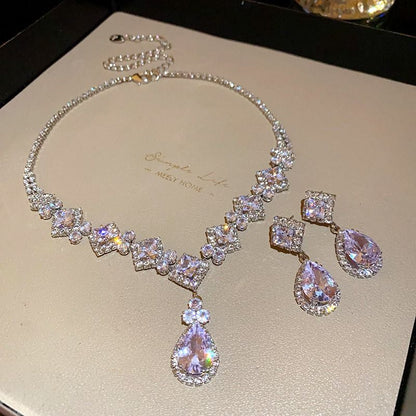High-Brilliance Zircon Necklace and Earring Set, Evening, Wedding, and Party Jewelry for Women