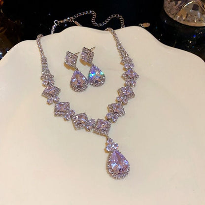 High-Brilliance Zircon Necklace and Earring Set, Evening, Wedding, and Party Jewelry for Women
