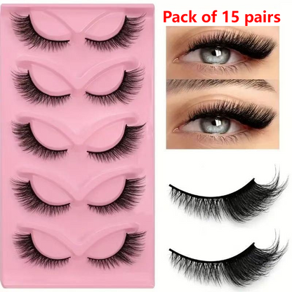15-pair set of cat-eye false eyelashes with extended mink-style tips; thick and long