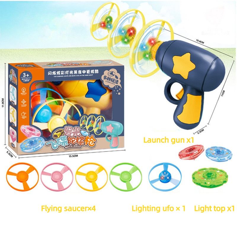 Bamboo Dragonfly Toy Gun Set with Glowing Frisbee Spinner - Outdoor Parent-Child Interactive Toy - Blue