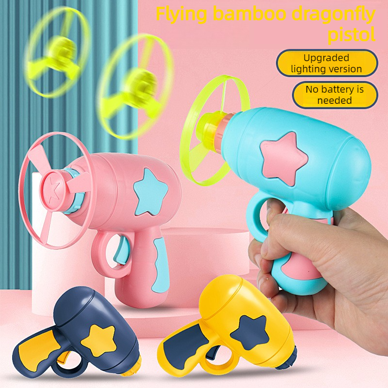 Bamboo Dragonfly Toy Gun Set with Glowing Frisbee Spinner - Outdoor Parent-Child Interactive Toy - Blue