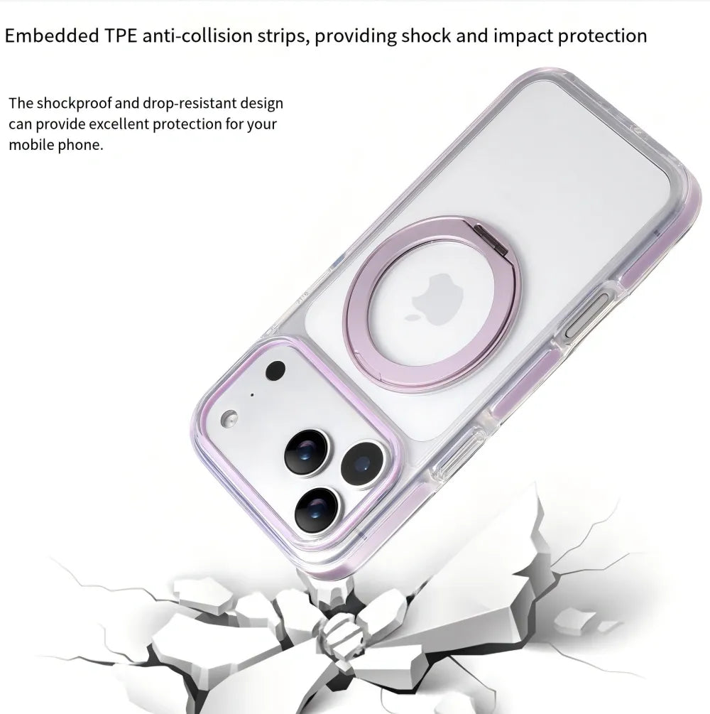 Clear MagSafe iPhone 17 Pro Max Case with 360° Rotating Ring Stand - Purple Edition