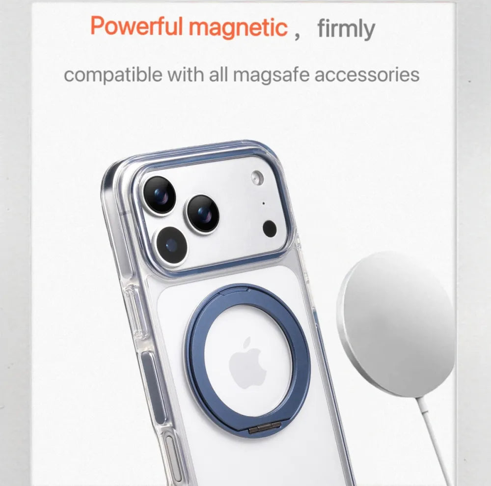 Clear MagSafe iPhone 17 Pro Max Case with 360° Rotating Ring Stand - Blue Edition
