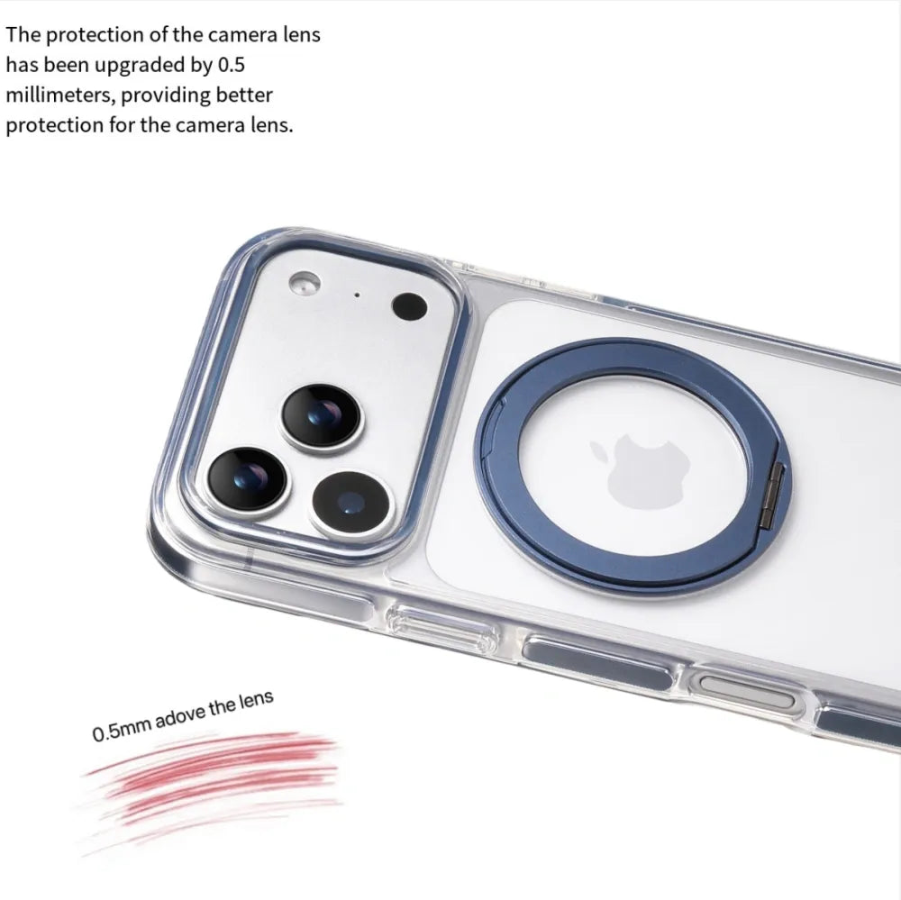 Clear MagSafe iPhone 17 Pro Max Case with 360° Rotating Ring Stand - Blue Edition