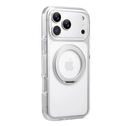 Clear MagSafe iPhone 17 Pro Max Case with 360° Rotating Ring Stand - Silver Edition