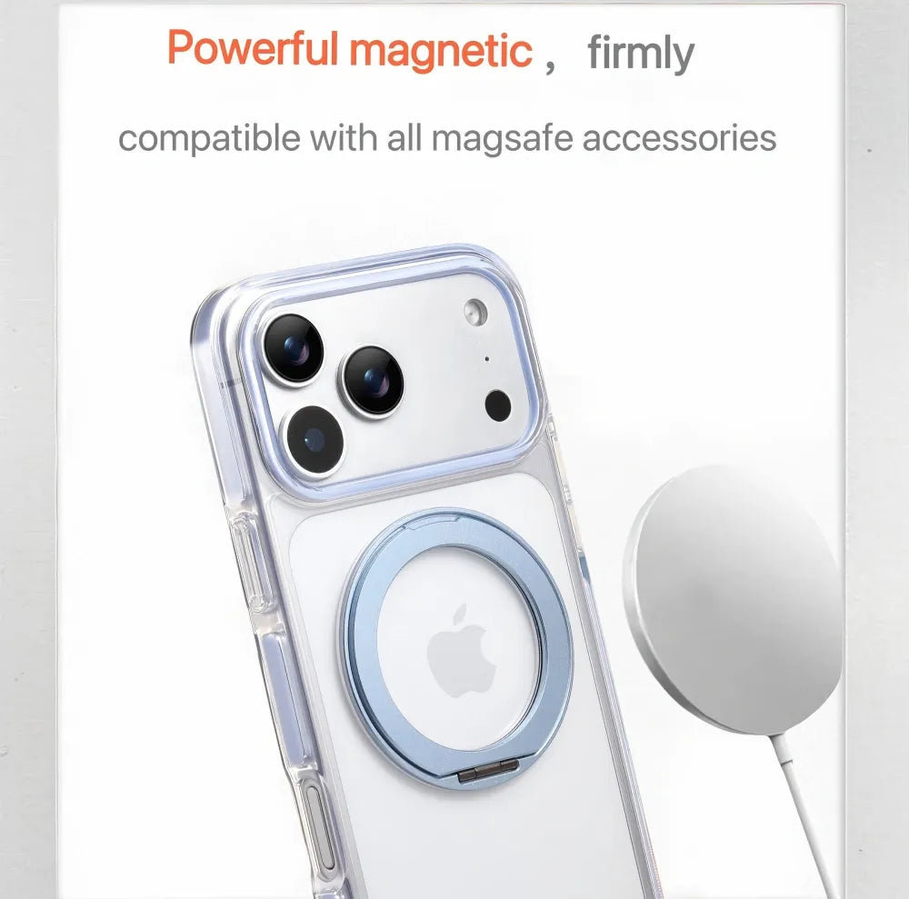 Clear MagSafe iPhone 17 Pro Case with 360° Rotating Ring Stand - Sky Blue Edition