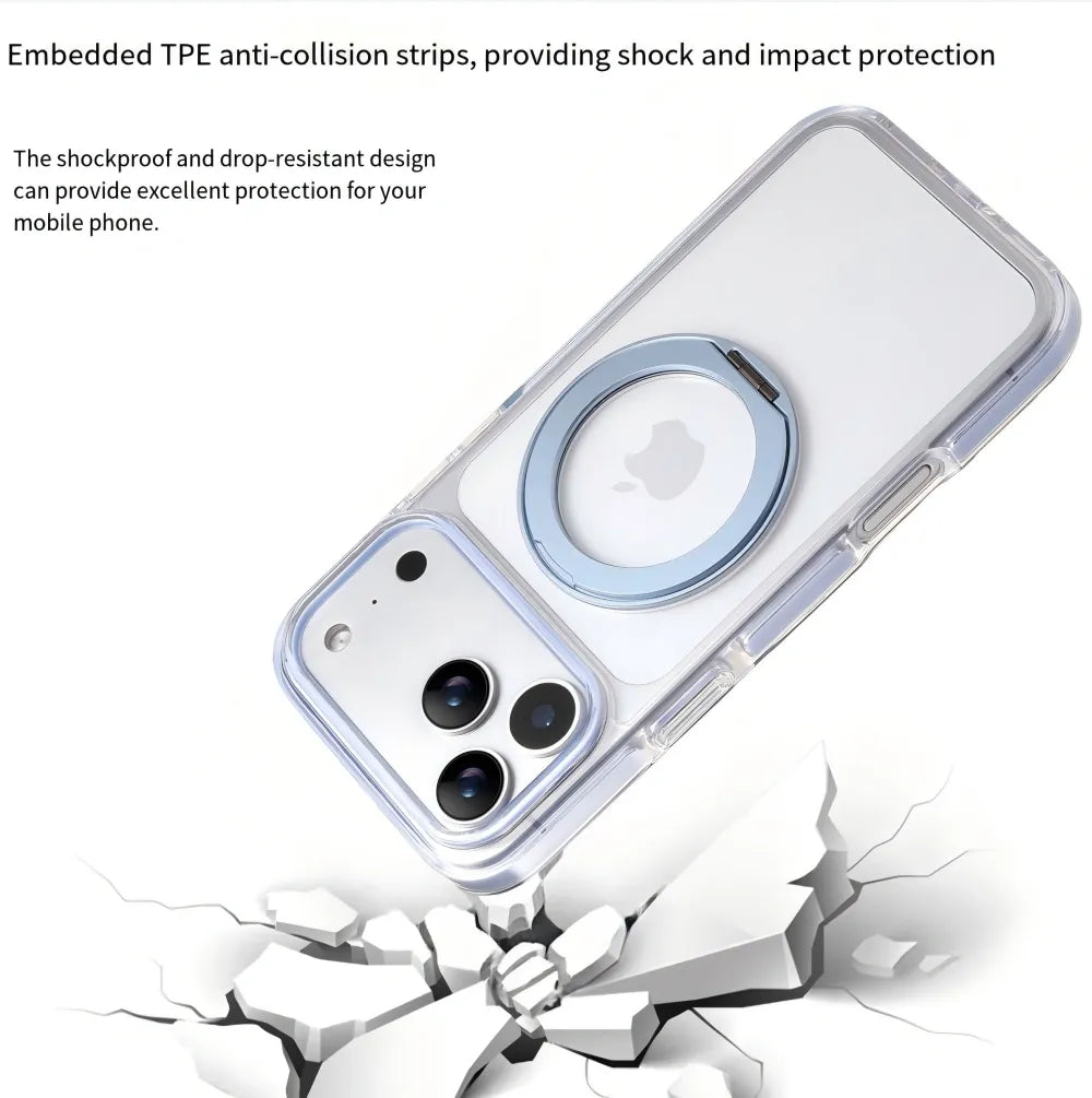 Clear MagSafe iPhone 17 Pro Max Case with 360° Rotating Ring Stand - Sky Blue Edition