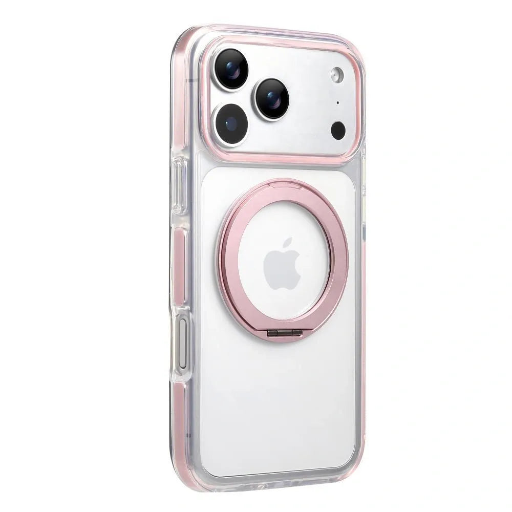 Clear MagSafe iPhone 17 Pro Case with 360° Rotating Ring Stand - Pink Edition