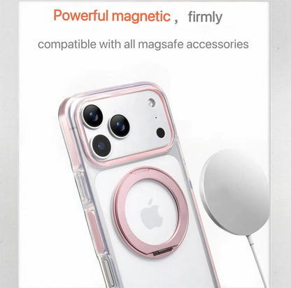 Clear MagSafe iPhone 17 Pro Case with 360° Rotating Ring Stand - Pink Edition