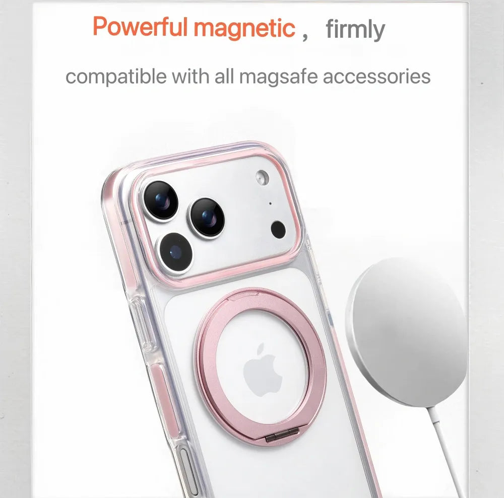 Clear MagSafe iPhone 17 Pro Max Case with 360° Rotating Ring Stand - Pink Edition