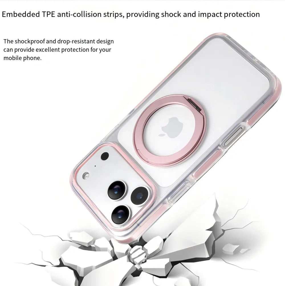 Clear MagSafe iPhone 17 Pro Max Case with 360° Rotating Ring Stand - Pink Edition
