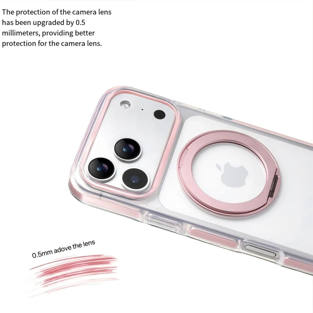 Clear MagSafe iPhone 17 Pro Max Case with 360° Rotating Ring Stand - Pink Edition