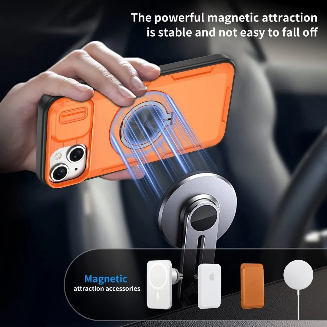 2-in-1 Magnetic Sliding Lens Case, Orange for iPhone 15 Plus