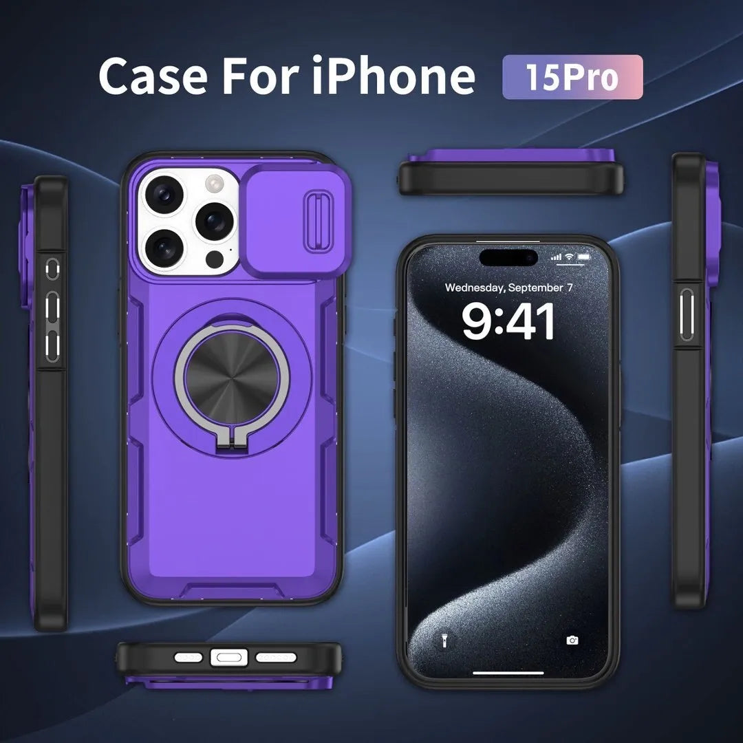 2-in-1 Magnetic Sliding Lens Case, Purple for iPhone 15 Pro