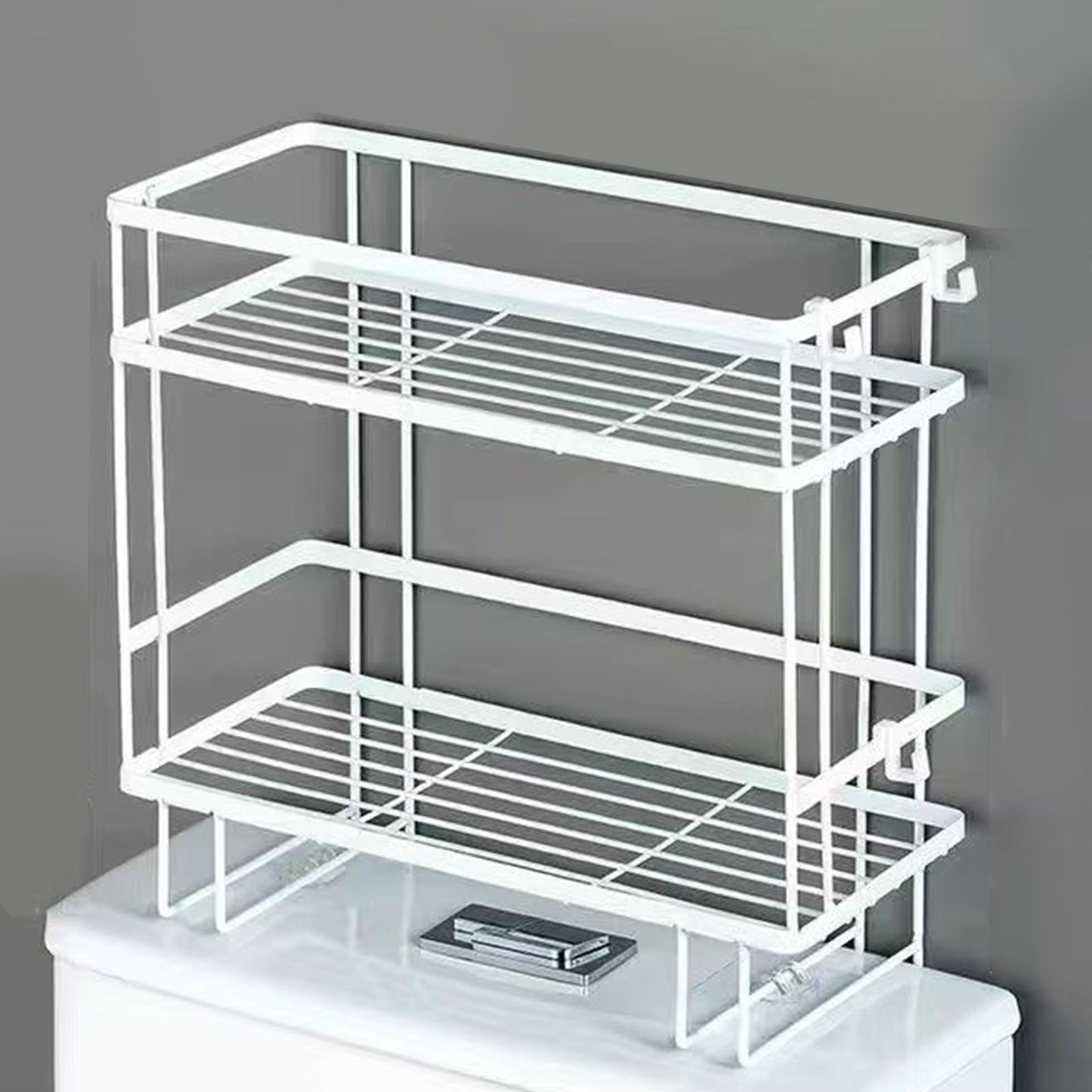 Toilet Shelf Thickening Waterproof Large Capacity Nail Free Installation Iron Over Toilet Bathroom Organizer Double Layer White