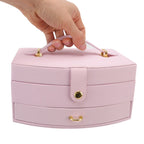 Travel Jewelry Case Portable 2 Layers PU Leather Jewelry Storage Holder Box with Clasp and Handle for Earrings Necklace Pink
