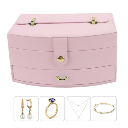Travel Jewelry Case Portable 2 Layers PU Leather Jewelry Storage Holder Box with Clasp and Handle for Earrings Necklace Pink