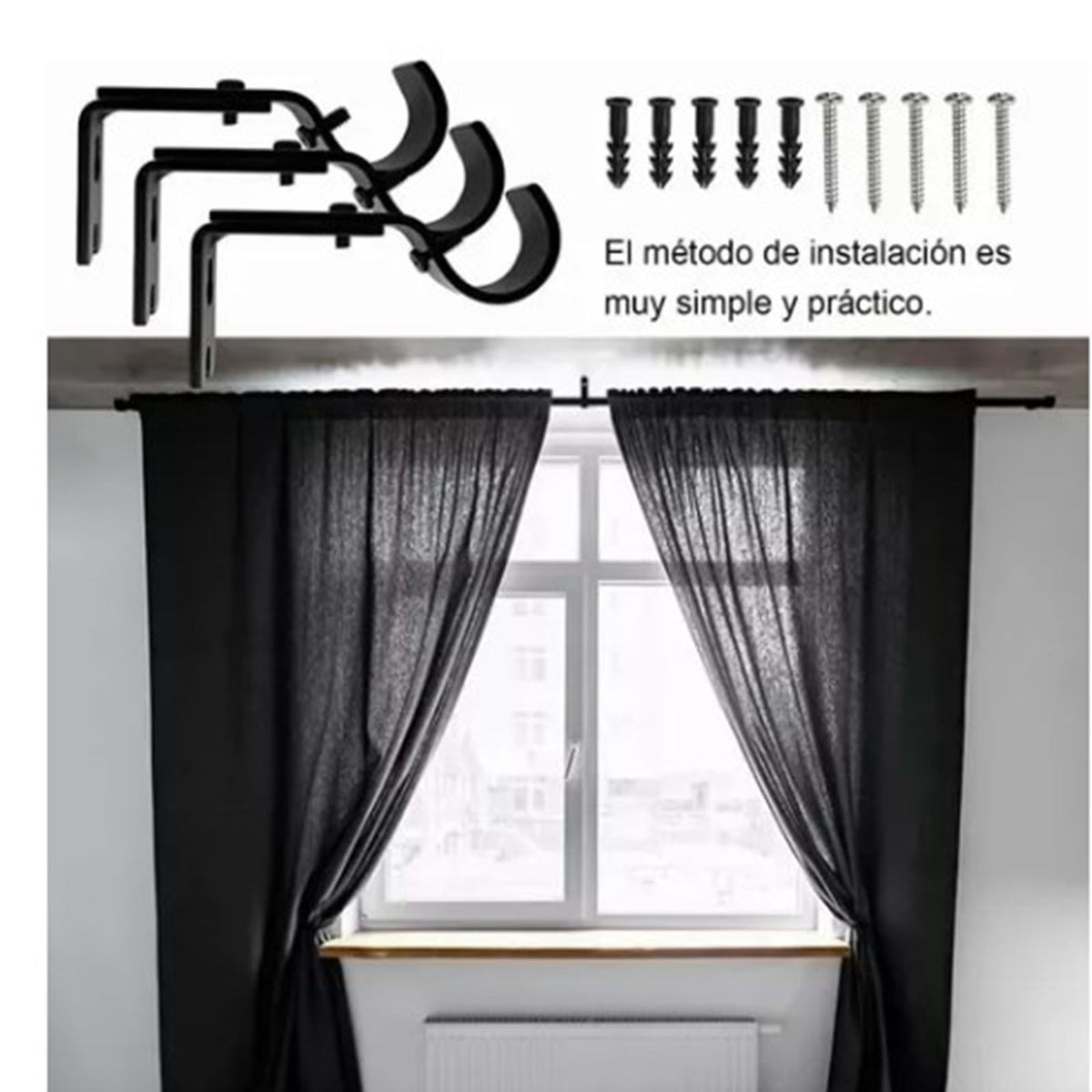 3PCS Adjustable Curtain Rod Brackets Iron Curtain Rod Support Hanger for Wall Black