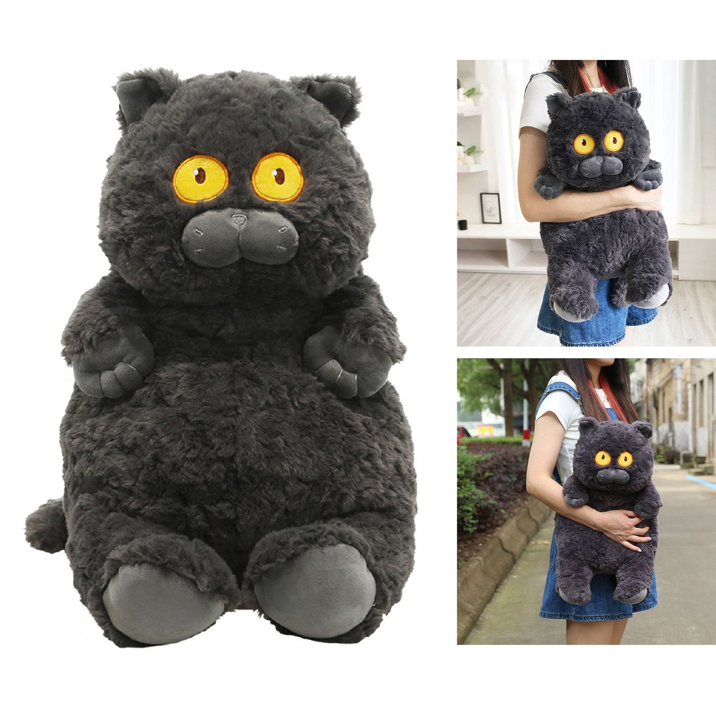 Cat Plush Toy Cute Soft Skin Friendly Fluffy Staring Short Plush Cat Hugging Sleeping Pillow for Home Black