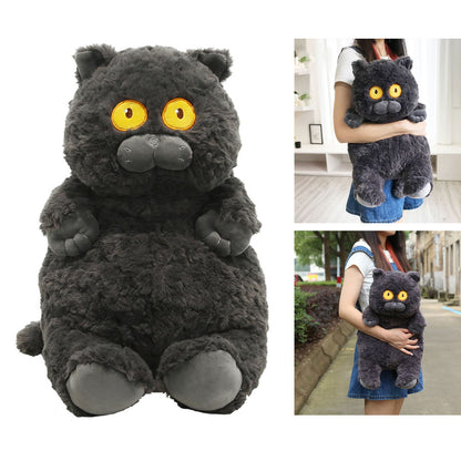 Cat Plush Toy Cute Soft Skin Friendly Fluffy Staring Short Plush Cat Hugging Sleeping Pillow for Home Black