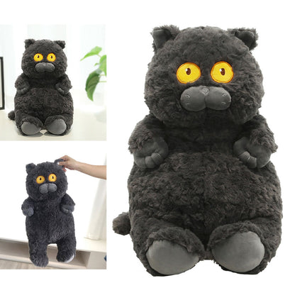 Cat Plush Toy Cute Soft Skin Friendly Fluffy Staring Short Plush Cat Hugging Sleeping Pillow for Home Black