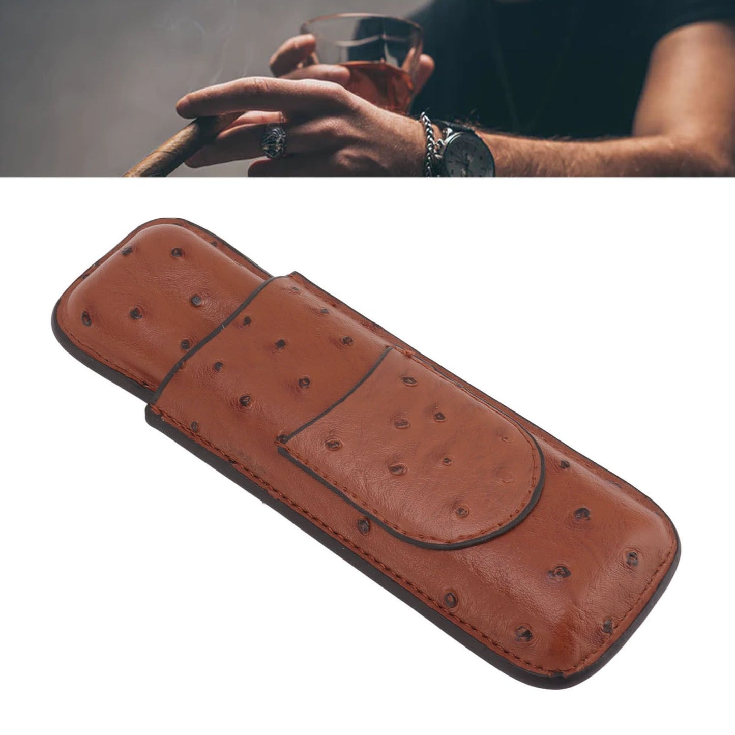 Cigar Case Holder PU Leather Brown 2 Finger Cigar Carrying Case with Front Pocket Portable for Anniversary Father's Day Gift