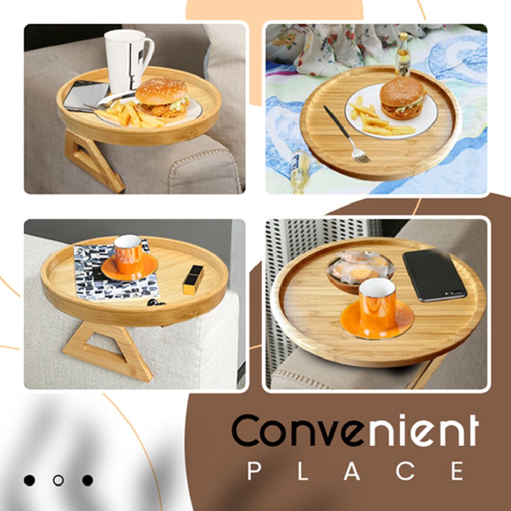 Clip On Tray Sofa Table Portable Couch Arm Tray Table Natural Bamboo Sofa Armrest Clip On Tray for Eating and Drink