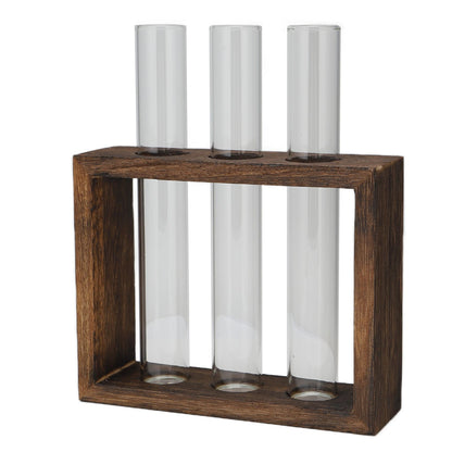Tabletop Glass Tube Vase High Borosilicate Glass Pine Wood Frame Retro Tube Plant Vase for Hydroponic Plants Home Decoration3 Bottles