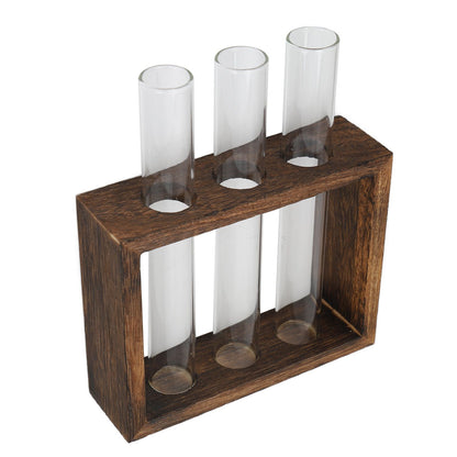 Tabletop Glass Tube Vase High Borosilicate Glass Pine Wood Frame Retro Tube Plant Vase for Hydroponic Plants Home Decoration3 Bottles