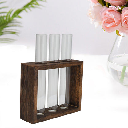 Tabletop Glass Tube Vase High Borosilicate Glass Pine Wood Frame Retro Tube Plant Vase for Hydroponic Plants Home Decoration3 Bottles
