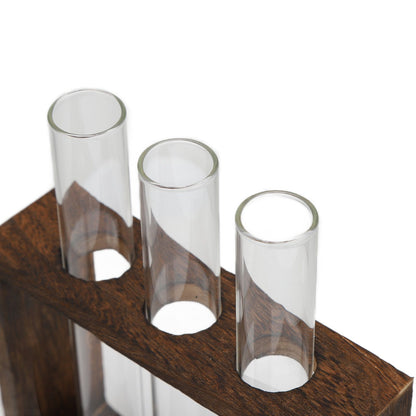 Tabletop Glass Tube Vase High Borosilicate Glass Pine Wood Frame Retro Tube Plant Vase for Hydroponic Plants Home Decoration3 Bottles