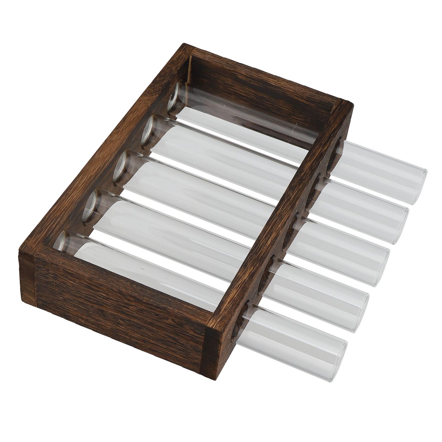 Tabletop Glass Tube Vase High Borosilicate Glass Pine Wood Frame Retro Tube Plant Vase for Hydroponic Plants Home Decoration5 Bottles