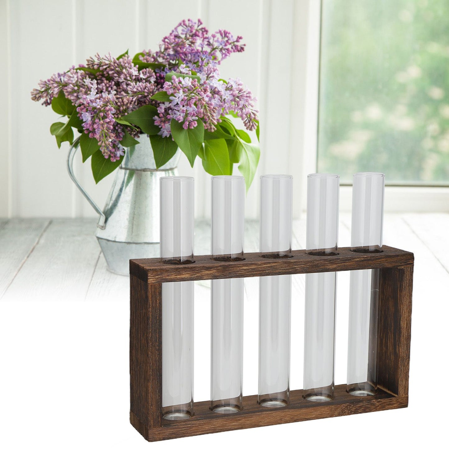 Tabletop Glass Tube Vase High Borosilicate Glass Pine Wood Frame Retro Tube Plant Vase for Hydroponic Plants Home Decoration5 Bottles