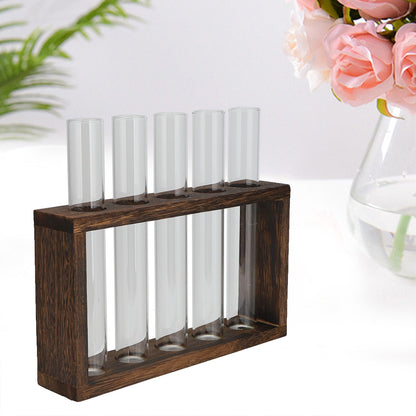 Tabletop Glass Tube Vase High Borosilicate Glass Pine Wood Frame Retro Tube Plant Vase for Hydroponic Plants Home Decoration5 Bottles