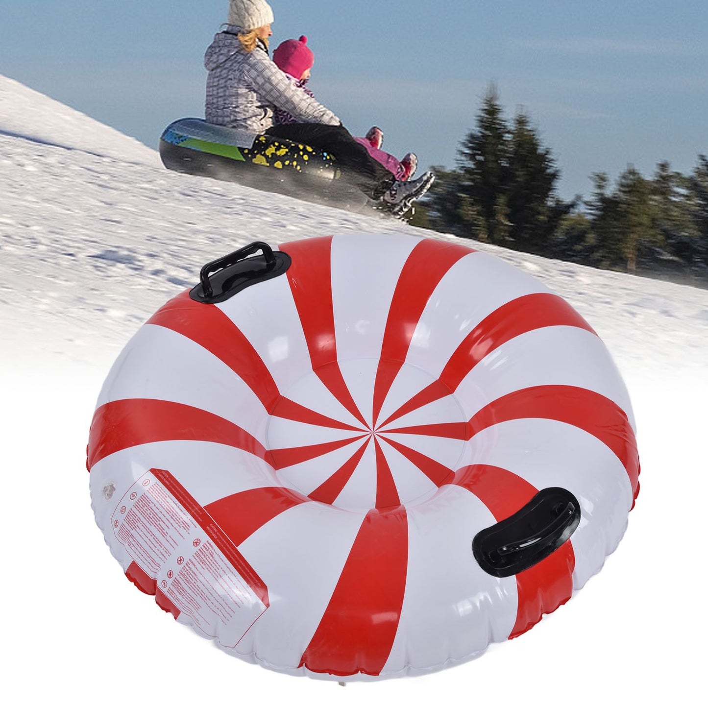 Round Winter Snow Tube Adult PVC Inflatable Skiing Ring with 2 Handles for Outdoor Snowboarding Red White