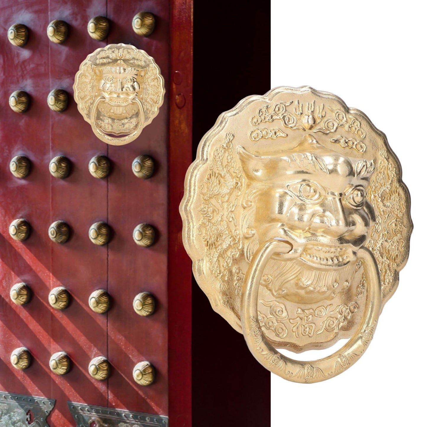 Door Knocker Brass Material Bronze Collision Resistance Chinese Animal Head Pull Ring for Wooden Door Courtyard