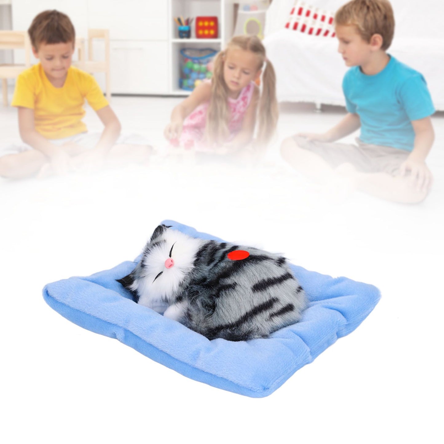 Fake Cats Sleeping Kitten Doll Toy Simulation Sleeping Cat On Pad Interactive Pet Toy with Sound Active CarbonGrey Cat Shape