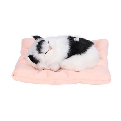 Fake Cats Sleeping Kitten Doll Toy Simulation Sleeping Cat On Pad Interactive Pet Toy with Sound Active CarbonBlack and White Cat Shape