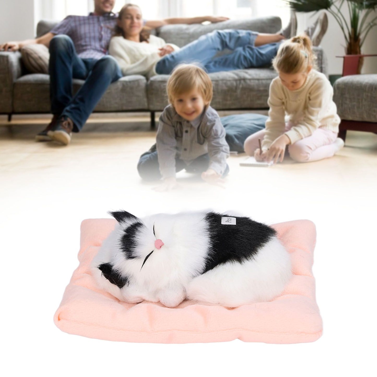 Fake Cats Sleeping Kitten Doll Toy Simulation Sleeping Cat On Pad Interactive Pet Toy with Sound Active CarbonBlack and White Cat Shape