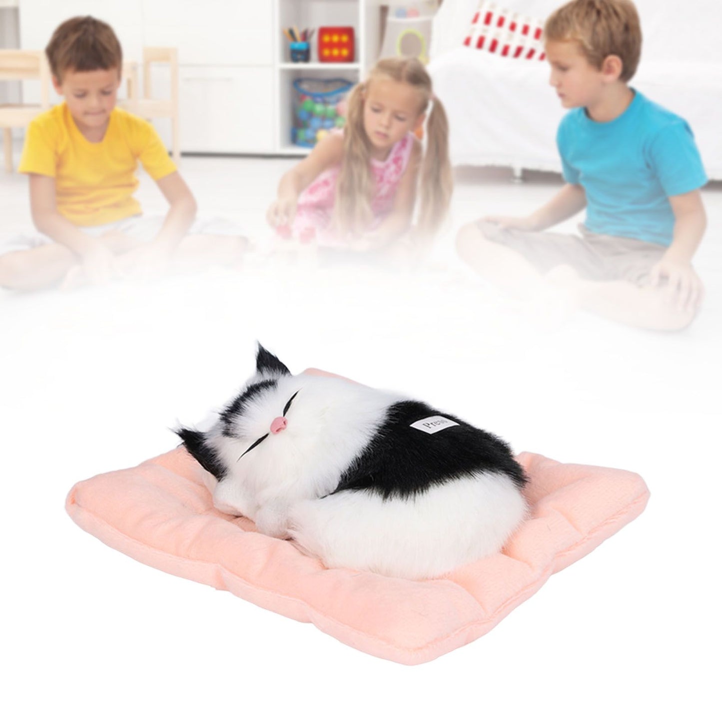 Fake Cats Sleeping Kitten Doll Toy Simulation Sleeping Cat On Pad Interactive Pet Toy with Sound Active CarbonBlack and White Cat Shape